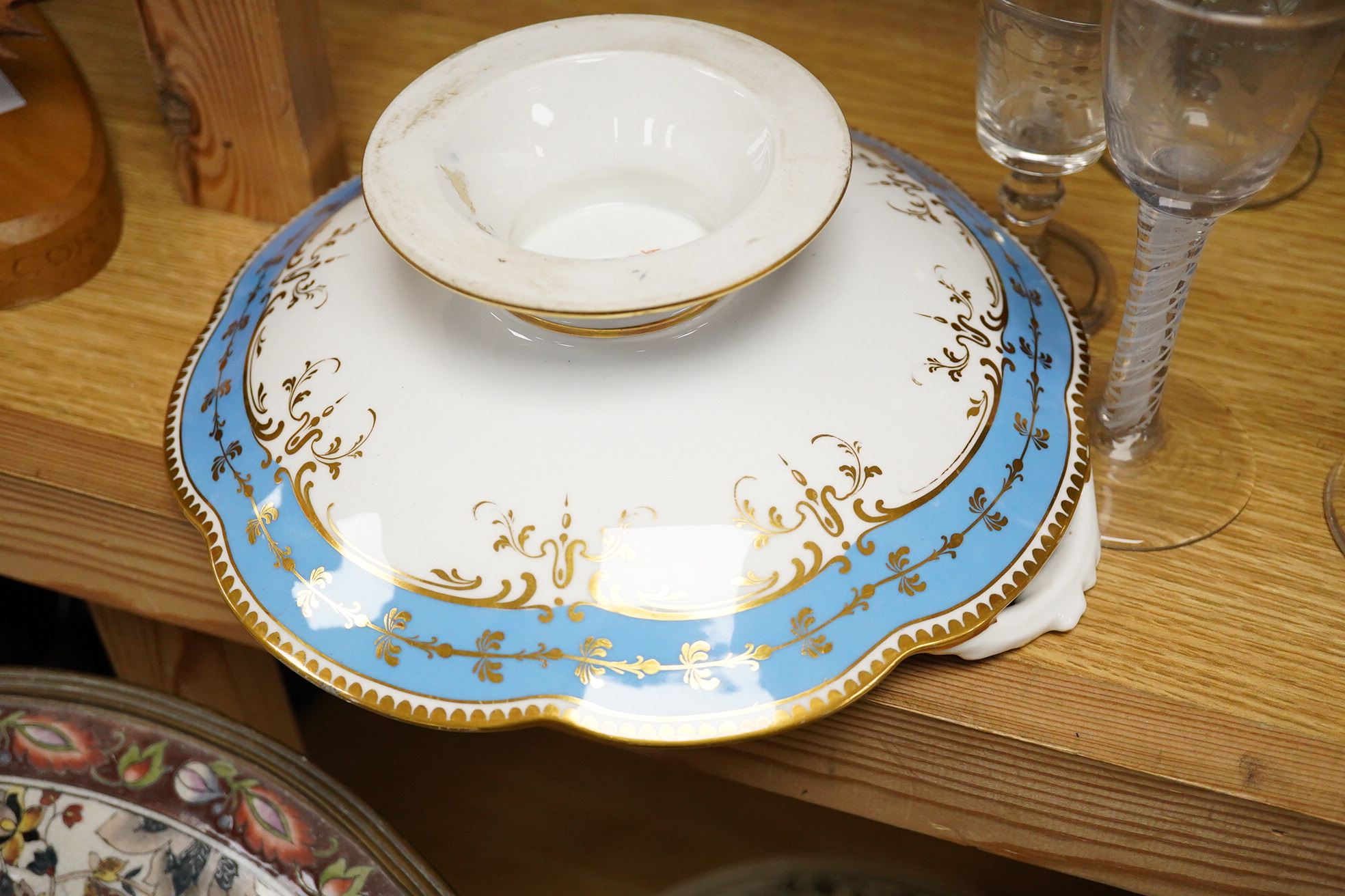 Assorted wine glasses, celery vase, overlaid decanter - 24cm high and a Victorian bone china comport.